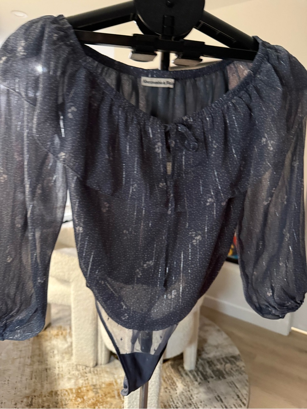 Abercrombie & Fitch Navy Sheer Speckled Tie-Front Bodysuit